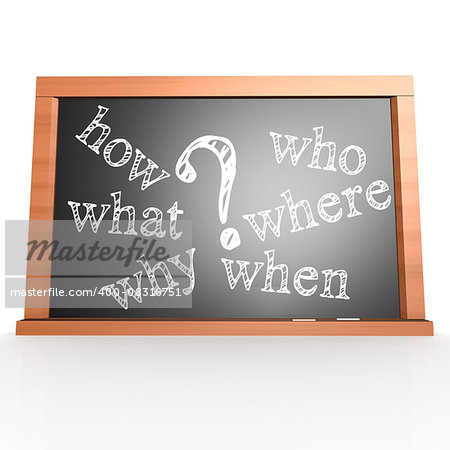 Where, When, What, Who, Why, How written with Chalk on Blackboard image with hi-res rendered artwork that could be used for any graphic design.