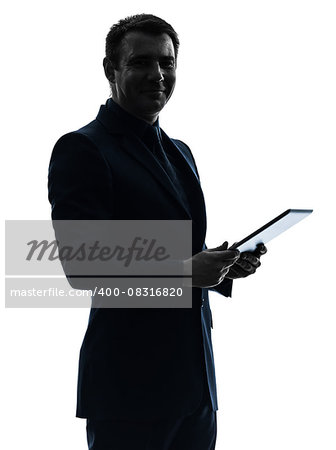 one  business man holding digital tablet posing portrait on white background