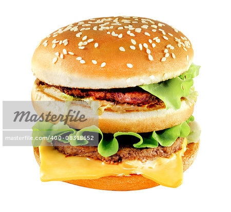 Tasty big burger  photographed close-up on a white background