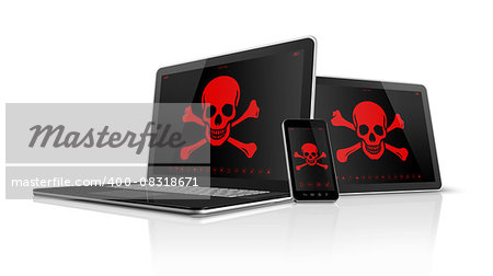 3D Laptop tablet pc and smartphone with pirate symbols on screen. Hacking concept