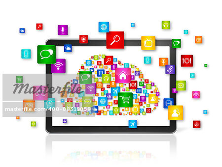 3D Cloud computing symbol in Digital Tablet pc - isolated on white