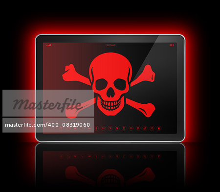 3D Digital tablet with a pirate symbol on screen. Hacking concept