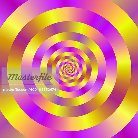 A digital abstract fractal image with a ringed spiral design in yellow and pink.