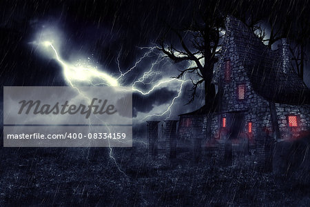 Dark mysterious halloween landscape with an old house.