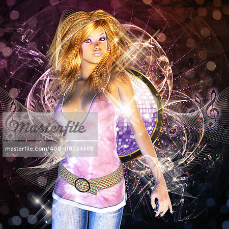 Illustration of abstract music poster with 3d beautiful blonde girl dancing.