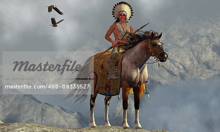 Two Bald Eagles fly near an American Indian with his paint horse on a tall cliff in a mountainous area.
