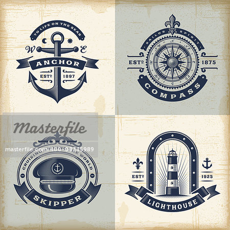 A set of fully editable vintage nautical labels in woodcut style. EPS10 vector illustration.
