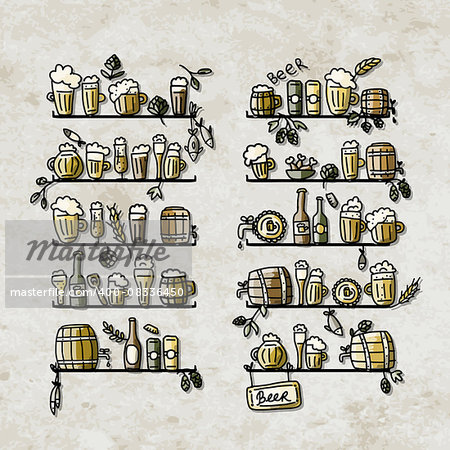 Shelves with beer icons, sketch for your design. Vector illustration