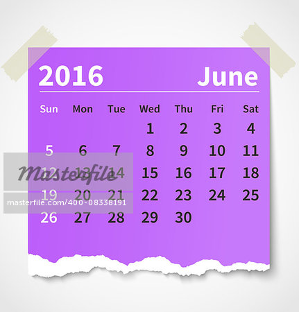 Calendar june 2016 colorful torn paper. Vector illustration