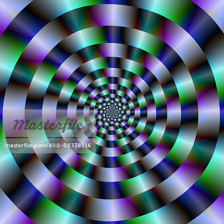 An abstract fractal image with a concentric ring design in blue, green and violet.