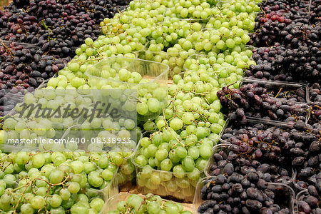 blue and green ripe grapes in the supermarket