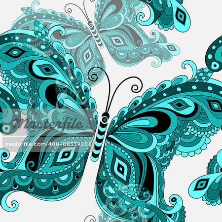Spring seamless white pattern with turquoise vintage butterflies. Vector eps 10