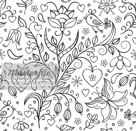 Vector illustration of pattern with abstract flowers and birds.Floral background