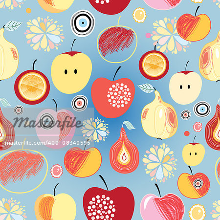 Bright multi-colored pattern with apples and pears on a blue background