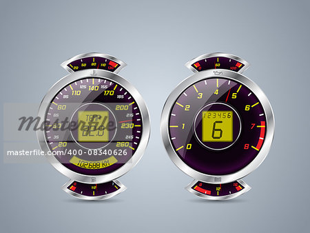Shiny metallic speedometer and rev counter with  other instruments