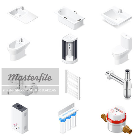 Sanitaru engineering detailed isometric icon set vector graphic illustration