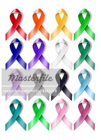 Set of colorful awareness ribbons isolated on white background. vector illustration