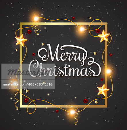 Decorative Christmas frame with greeting inscription on a black background