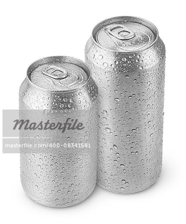 500 ml and 330 ml aluminum beer cans with water drops isolated on white