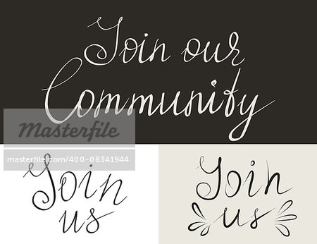 Set of join us and our community handmade thin lettering inscriptions for invitation. Design elements isolated on white background. Hand written letters for social networks membership, ad and banners