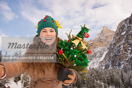 Christmas time spent outdoors among snowy peaks can turn the holidays into a fascinating journey. Smiling young woman holding Christmas tree and taking selfie in the front of mountains