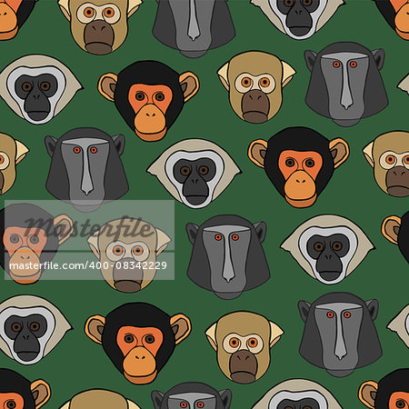 Seamless pattern with cute faces of monkeys. Vector illustration