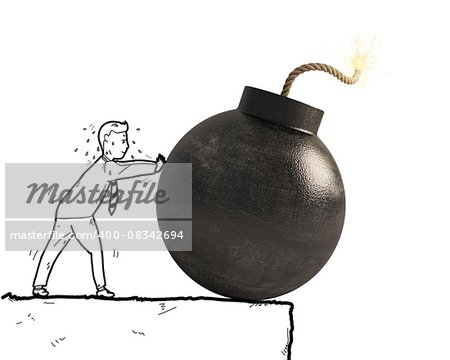 Sketch of businessman pushes a big bomb