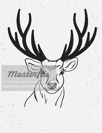 Deer head with black horns isolated on white background. Hand made poster template in vintage style graphics element for t-shirt, poster or prints