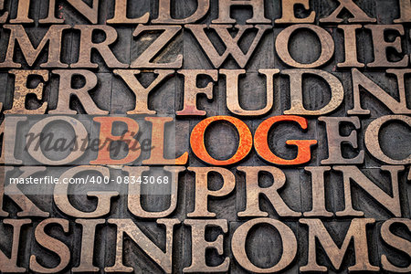 blog word abstract in wood type printing blocks stained by red ink