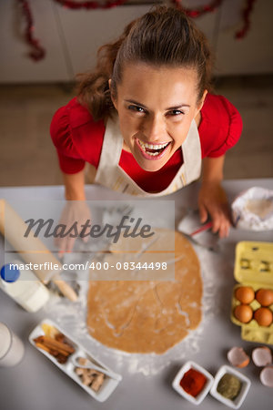 Christmas season can inspire you in the kitchen and you may want to treat your family with edible gifts. Portrait of modern housewife making Christmas themed cookies