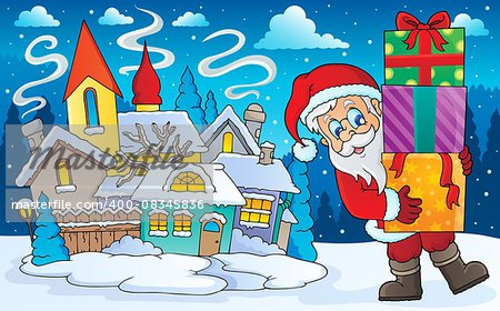 Santa Claus with gifts in winter scenery - eps10 vector illustration.