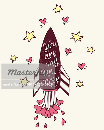 Hand drawn vector illustration with rocket and hearts