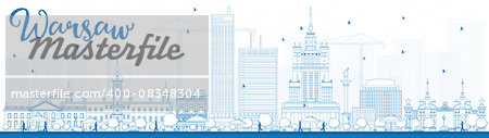 Outline Warsaw skyline with blue buildings. Vector illustration. Business travel and tourism concept with modern buildings. Image for presentation, banner, placard and web site.