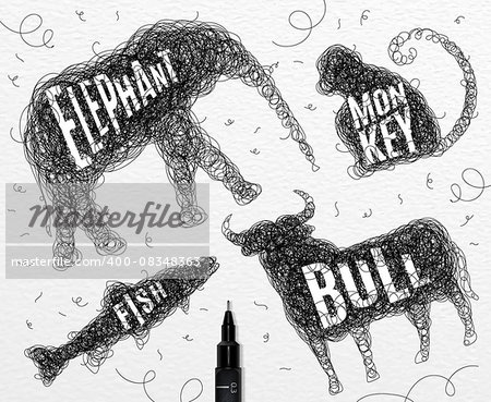Pen hand drawing tangle wild animals elephant, monkey, bull, fish with inscription names of animals drawing on paper background