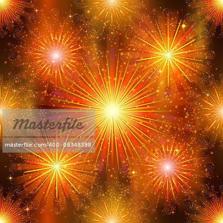 Firework background seamless, gold and orange on night sky. Pattern for holiday design. Vector eps10, contains transparencies