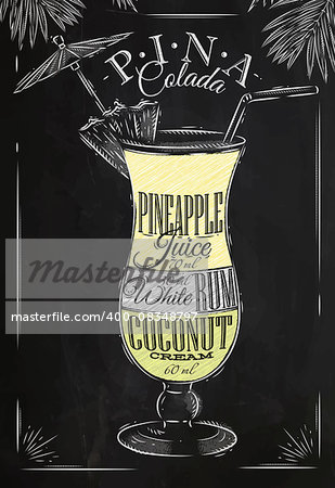 Pina Colada cocktail in vintage style stylized drawing with chalk on blackboard