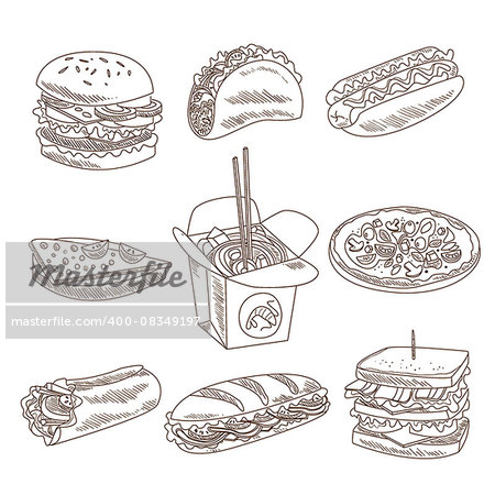 Fast Food Doodle Vector illustration in sketch style. Hand drawn design elements.