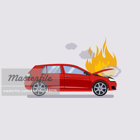 The broken hood of the red car is covered with fire and smoke. Flat style vector illustration isolated on gray background.