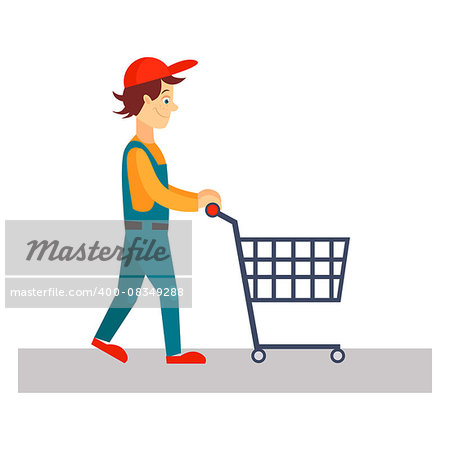 Delivery Man with Empty Cart, Flat Vector Illustration