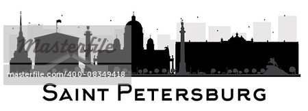 Saint Petersburg City skyline black and white silhouette. Vector illustration. Simple flat concept for tourism presentation, banner, placard or web site. Business travel concept. Cityscape with landmarks