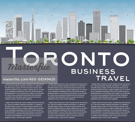 Toronto skyline with grey buildings, blue sky and copy space. Vector illustration. Business travel and tourism concept with place for text. Image for presentation, banner, placard and web site.