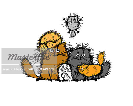 Fluffy cats family, sketch for your design. Vector illustration