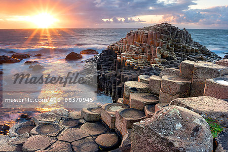 Sunset at Giant s Causeway in North Antrim, Northern Ireland