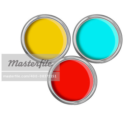 open tin cans with paint isolated on white background