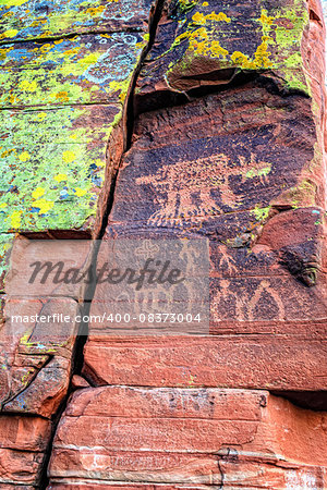 Closeup image of Indian petroglyphs on a rock face near Cottonwood, Arizona