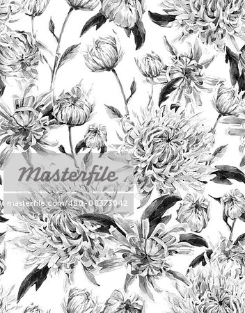 Seamless Monochrome Vintage Watercolor Floral Background  with Chrysanthemums. Watercolor Illustration