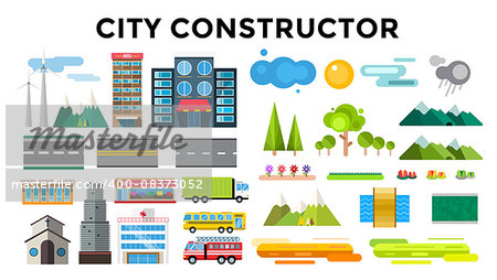 Buildings and city transport flat style illustration. Flat design city downtown background. Roads and city buildings, sky and mountains. Architecture small town market, hospital, church, shop, bus, fire truck, helicopter