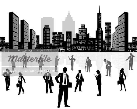 Vector illustration of a business team on city background