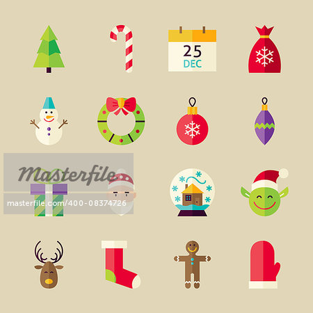 Merry Christmas Objects Set. Flat Style Vector Illustration. Winter Holiday. Collection of Happy New Year Objects over Beige Background