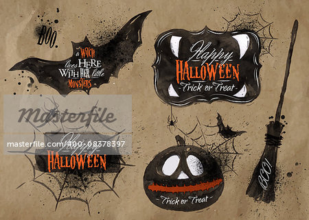 Halloween set, drawn halloween symbols pumpkin, broom, lettering and stylized drawing in kraft paper